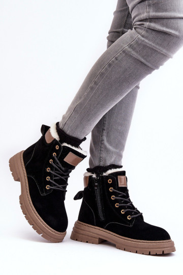Moteriški dygsniuoti batai su kailiu pamušalu, juodi Fenan 2