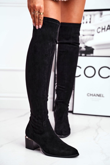 Moteriški batai iki kelių, ekologiški zomšiniai, juodi Can& 39 t Stop