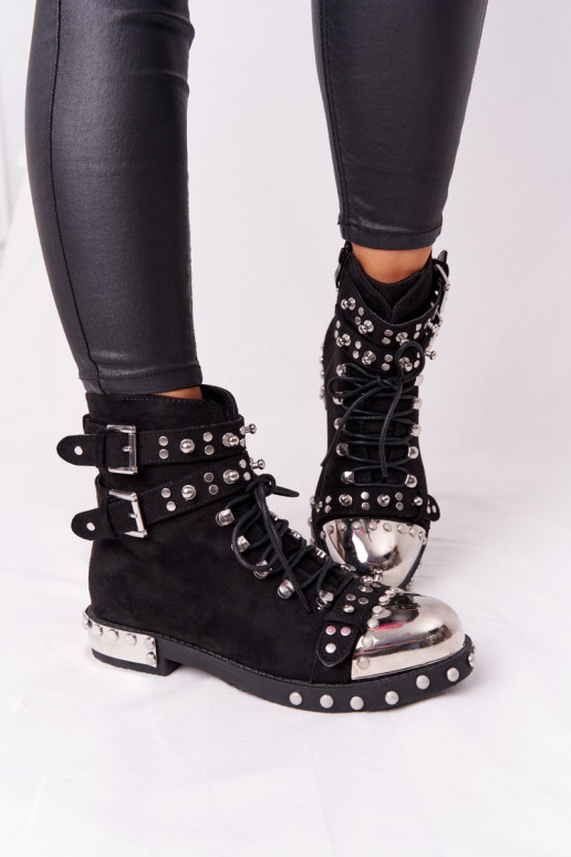 Moteriški izoliuoti darbiniai kulkšnies batai su cirkonio akmenimis, zomšiniai juodi Lu Boo