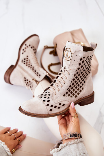 Zazoo 2695 Ažūriniai odiniai kulkšnies batai su užtrauktuku, šviesiai smėlio spalvos