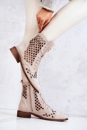 Zazoo 2695 Ažūriniai odiniai kulkšnies batai su užtrauktuku, šviesiai smėlio spalvos 2