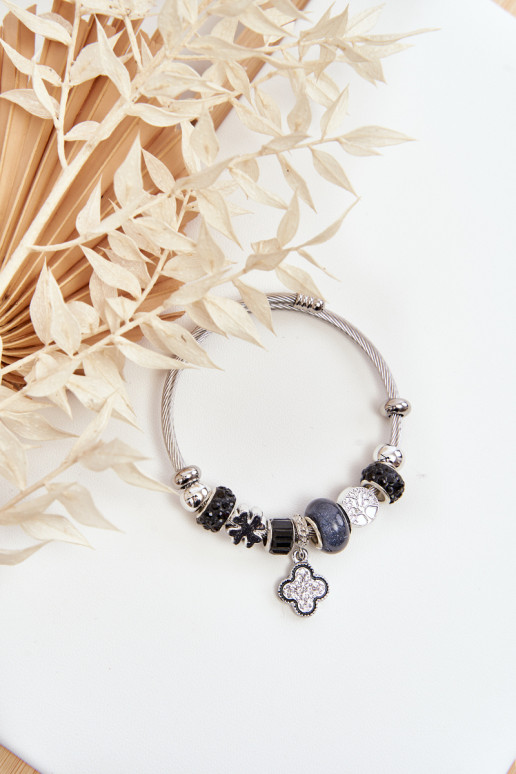 Plieninė apyrankė su pakabukais, sidabro ir juodos spalvos