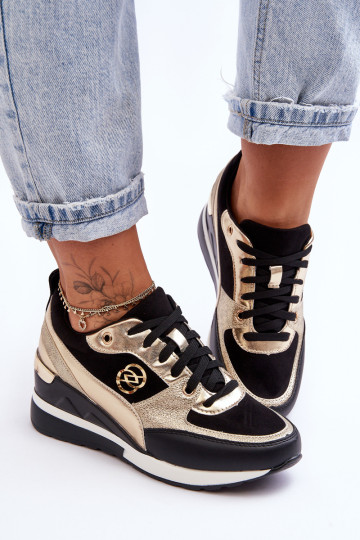 Moteriški suvarstomi sportiniai batai ant pleišto juodos ir auksinės spalvos Genova