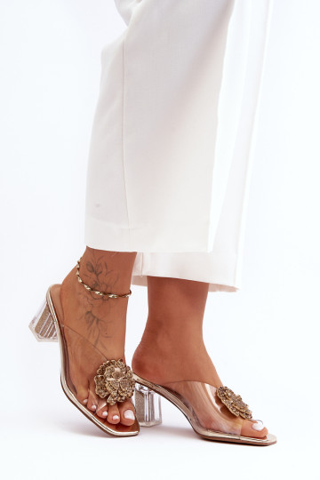 Permatomos šlepetės ant aukšto kulno su aukso puošmena S.Barski MR1037-20