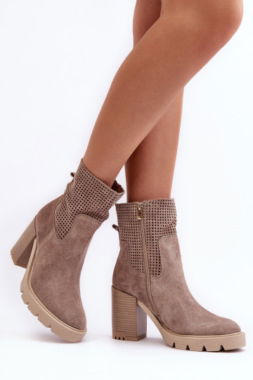 Zomšiniai ažūriniai moteriški batai ant aukšto kulno, smėlio spalvos Lewski 3386 2