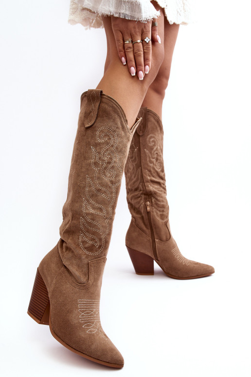 Moteriški smėlio spalvos Tomani kaubojiški batai su aukštakulniais