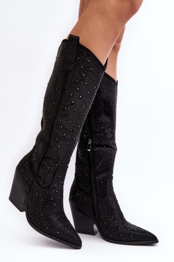 Moteriški kaubojiški batai virš kelių, dekoruoti kalnų krištolais, juoda Poelstra 2