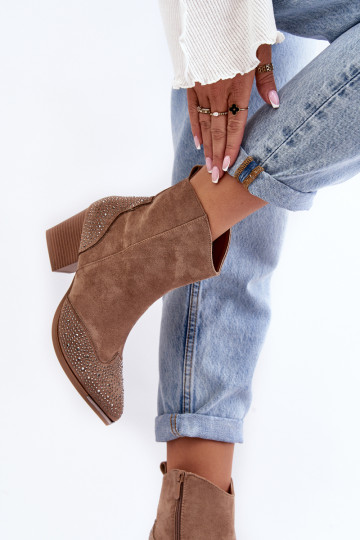 Moteriški dekoruoti kaubojiški batai ant aukšto kulno smėlio spalvos Eleduana