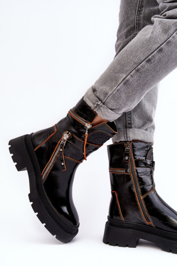 Moteriški lakinės odos kulkšnies batai su užtrauktukais Maciejka 06238-18 juodi 2