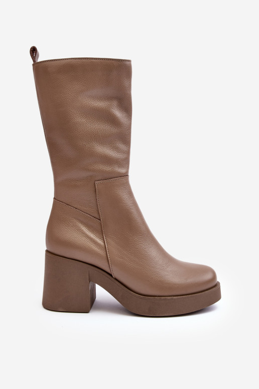 Tamsiai smėlio spalvos moteriški „Lemar Odennia“ odiniai batai ant stambaus kulno