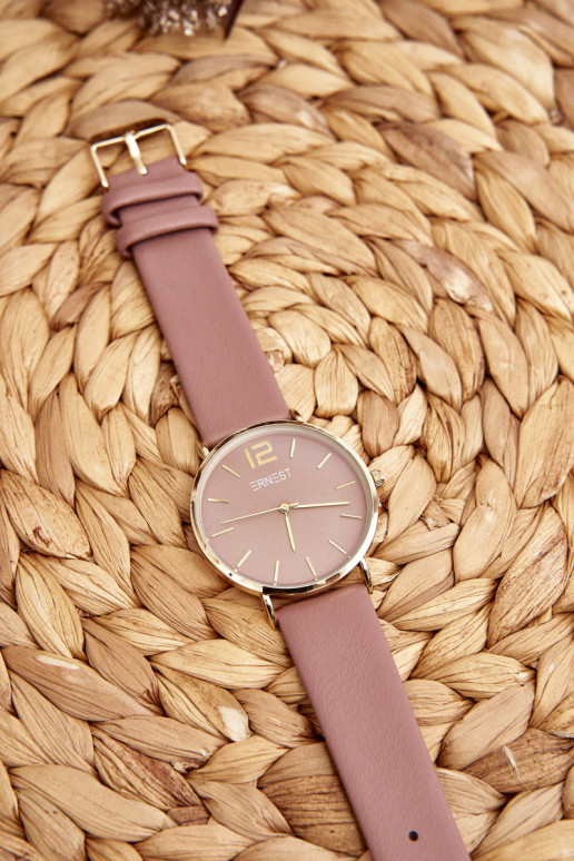 Moteriškas laikrodis su odiniu dirželiu Ernest E62001MD rožinis