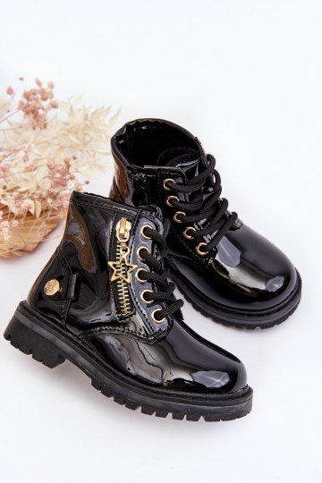 Mergaičių lakuotos odos batai su užtrauktuku, izoliuoti juodi Felori 2