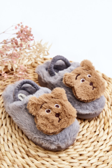 Vaikiškos kailinės šlepetės su meškiuku, Pilka Dicera