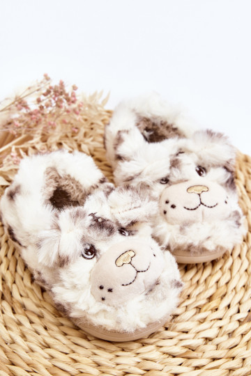 Pūkuotos vaikiškos šlepetės su meškiuku, šviesiai smėlio spalvos Apolanie