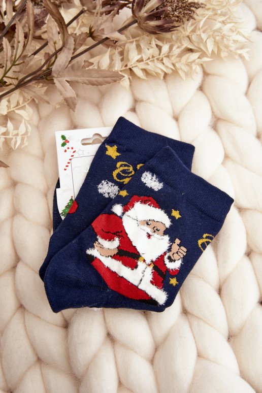 Moteriškos kojinės su Kalėdų Seneliu, tamsiai mėlynos spalvos