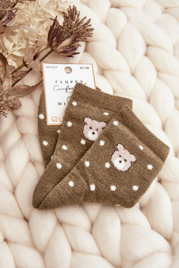 Moteriškos šiltos kojinės su taškeliais ir meškiukais, žalios spalvos