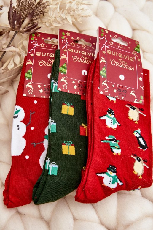 Vyriškos kalėdinės medvilninės kojinės su sniego seneliais, raudonos