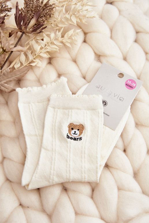 Raštuotos moteriškos kojinės su meškiuku, balta – 2 modelis