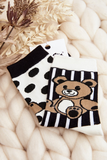 Nederančios moteriškos kojinės su meškiuku, balta ir juoda – 2 modelis
