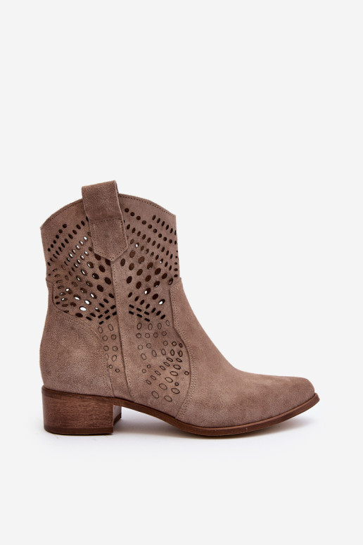 Zazoo 3305 moteriški ažūriniai žemakulniai kaubojiški batai suede cappucino