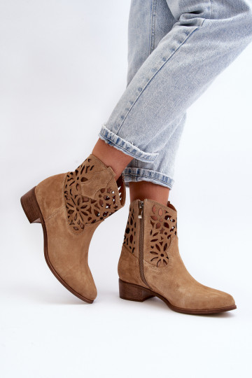 Zazoo 3404 Ažūriniai žemakulniai kaubojiški batai zomšiniai smėlio spalvos 2