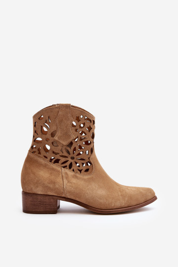 Zazoo 3404 Ažūriniai žemakulniai kaubojiški batai zomšiniai smėlio spalvos