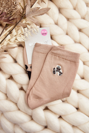 Smėlio spalvos moteriškos medvilninės kojinės su meškiuko lopinėliu