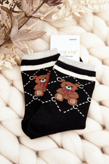 Raštuotos moteriškos kojinės su meškiukais, juodos