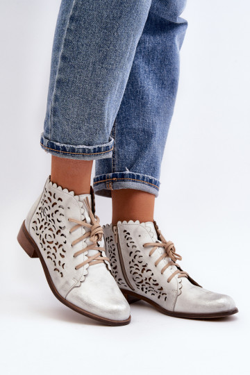 Zazoo 2871 moteriški ažūriniai suvarstomi kulkšnies batai, sidabriniai