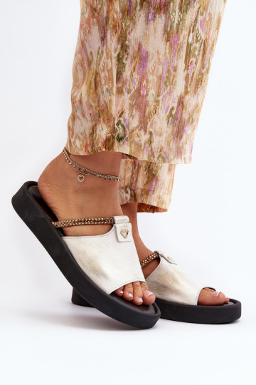 Zazoo 2896 moteriškos odinės šlepetės baltos ir auksinės spalvos