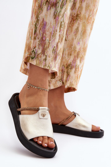 Zazoo 2896 moteriškos odinės šlepetės baltos ir auksinės spalvos 2