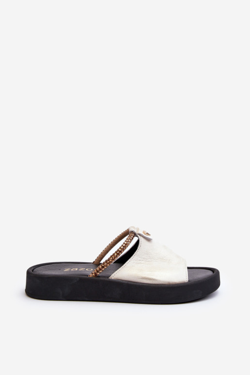 Zazoo 2896 moteriškos odinės šlepetės baltos ir auksinės spalvos