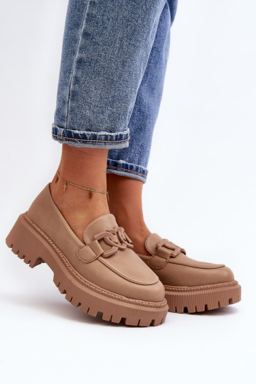 Stambūs moteriški mokasinai su grandinėle smėlio spalvos Dataia