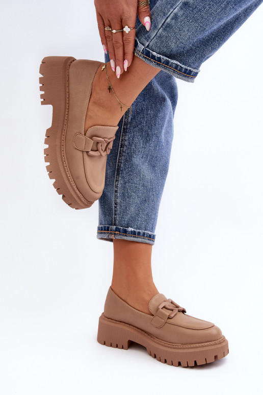 Stambūs moteriški mokasinai su grandinėle smėlio spalvos Dataia