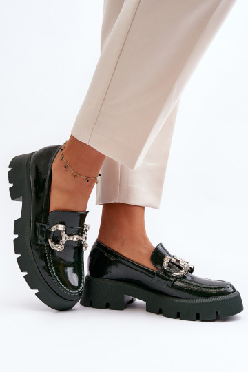 Moteriški lakinės odos mokasinai su puošmena, tamsiai žalia Arsaba 2