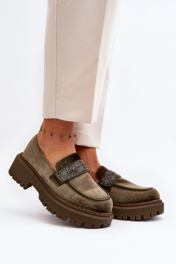 Moteriški veliūriniai mokasinai su puošmena, tamsiai žalia Wendreda