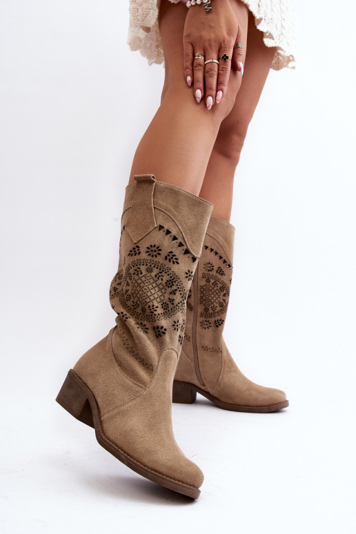 Zazoo 4043 Zomšiniai žemo kulno ažūriniai smėlio spalvos batai