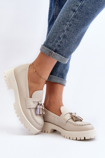 Moteriški odiniai blizgantys mokasinai CheBello 3096 Beige 2