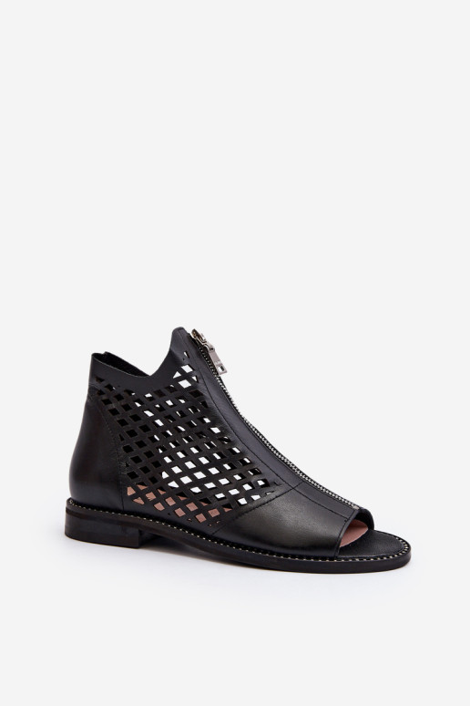 Zazoo 977/ L Odiniai ažūriniai sandalai su užtrauktuku Juodos spalvos