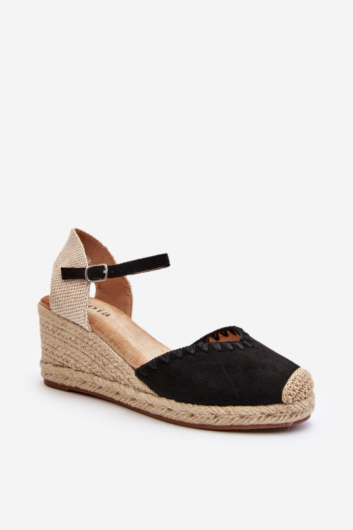 Zomšiniai Espadrille pleištiniai sandalai su pynėmis, juodas Raylin
