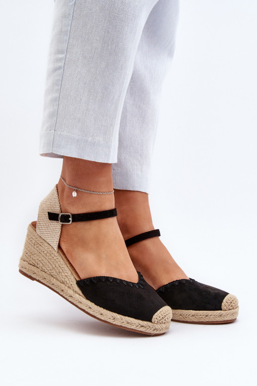 Zomšiniai Espadrille pleištiniai sandalai su pynėmis, juodas Raylin