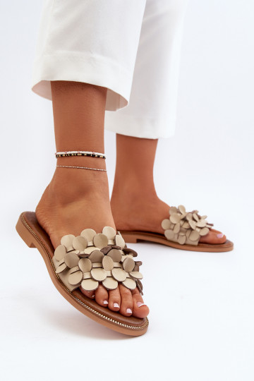 „Zazoo 40381“ moteriškos odinės šlepetės plokščiu kulnu, smėlio spalvos