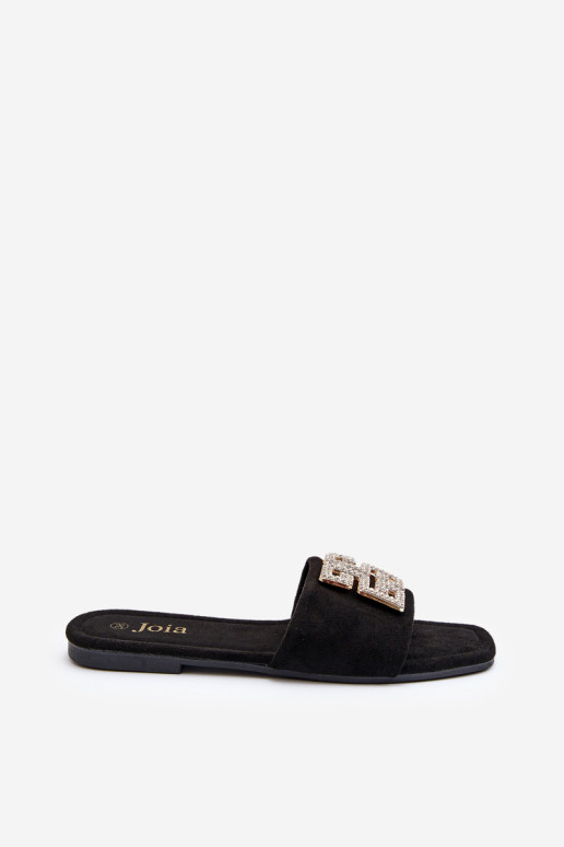 Moteriškos plokščiakulnės šlepetės su puošmena, juodos spalvos inale