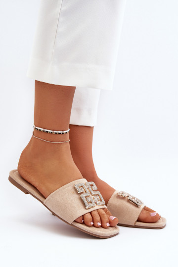 Moteriškos plokščiakulnės šlepetės su puošmena, smėlio spalvos Inaile