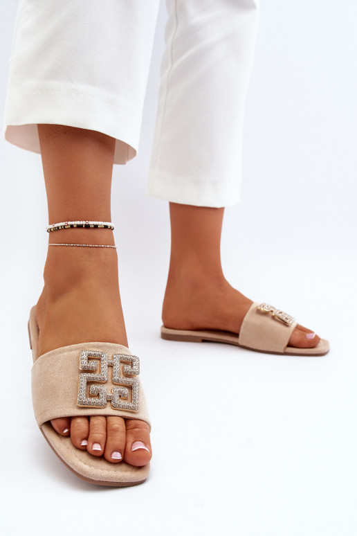 Moteriškos plokščiakulnės šlepetės su puošmena, smėlio spalvos Inaile