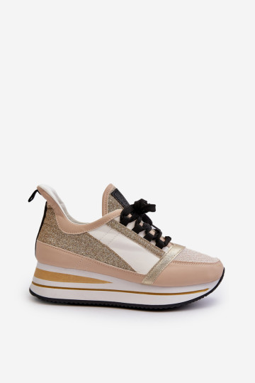 Moteriški sportbačiai su pleištu ir platforma su blizgučiais, Gold Rafani