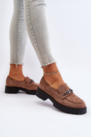 Moteriški zomšiniai mokasinai su puošmena, ruda, Loraleima