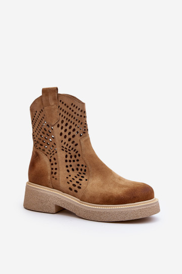 Zazoo 3470 zomšiniai moteriški batai plokščiu kulnu, ažūriniai, smėlio spalvos 2