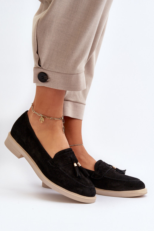 Zazoo 3420 moteriški zomšiniai mokasinai plokščiakulniais, juodi