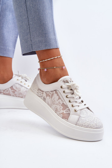 Moteriški nėriniuoti sportbačiai ant S.Barski platformos HY025 Balta